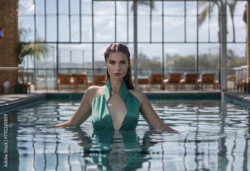 woman in a dress in the pool