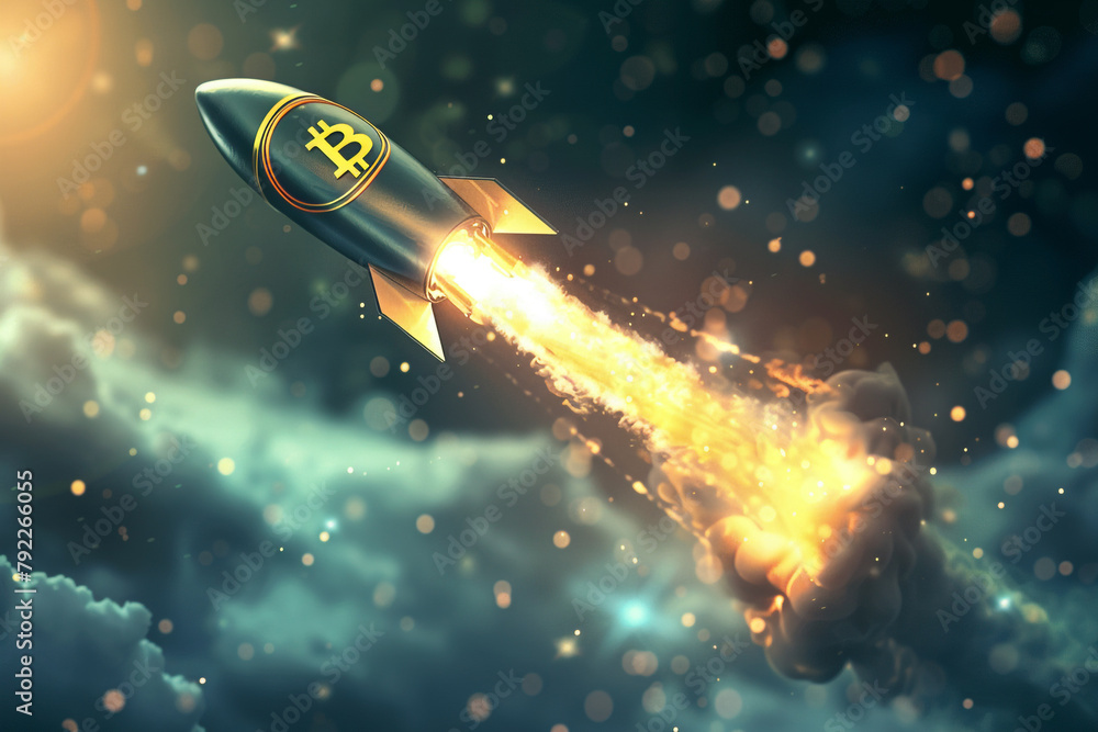 A dynamic 3D image of a Bitcoin rocket launching into cyberspace