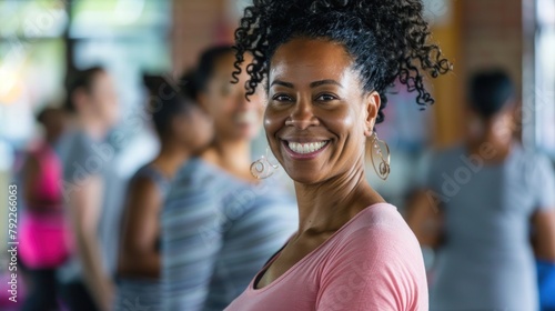 A woman smiling while doing a group fitness class, promoting community and camaraderie. 