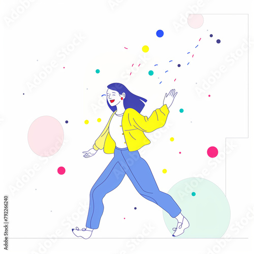 Illustration of a Joyful Woman walking and Dancing to Music with a Colorful Abstract Background 