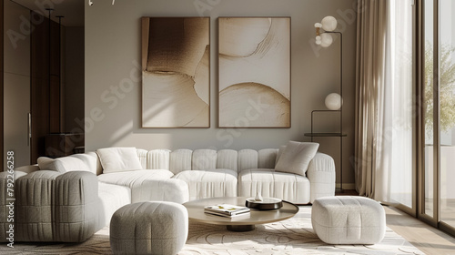 Interior design of modern living room interior with white boucle modular sofa, round coffee table, cube, mock up poster frame, furnitures and elegant decoration  photo