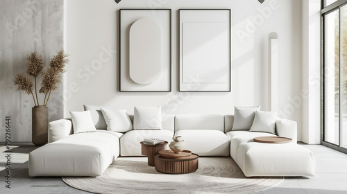 Interior design of modern living room interior with white boucle modular sofa, round coffee table, cube, mock up poster frame, furnitures and elegant decoration. Template. Home decor.  photo