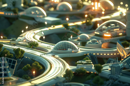 A futuristic 3D model of a city where roads and buildings are designed to collect and utilize solar energy