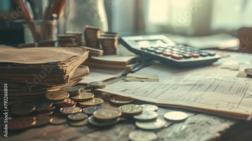Soft hazy image of office essentials including ledgers calculators and coins p on a rustic wooden table. The unfocused background gives a sense of depth and adds a touch of elegance . photo
