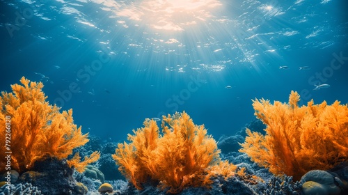 Underwater seascape with vibrant orange coral reef and sun rays piercing through the ocean concept of marine life and nature