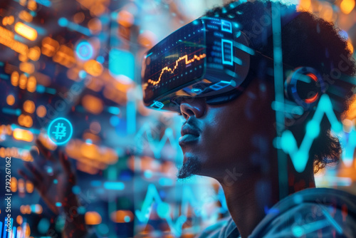 A futuristic scene of a financial analyst wearing VR glasses analyzing floating 3D Bitcoin and market graphs photo