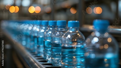 Close-up of water bottles on a production line in a factory concept of manufacturing, industry and mass production © Suryani