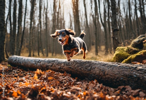 dog running in the woods Dachshund jumping over log