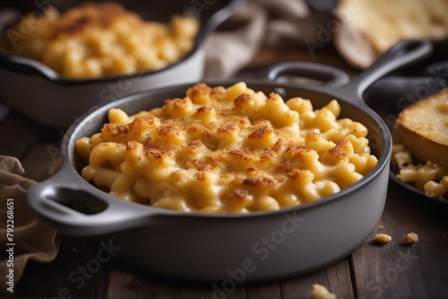 'baked mac cheese cast iron pan plaster bandage fork dark black plate classic wooden up high food macaroni pasta meal cheddar american cookery delicious dinner homemade receipe dish nobody cooked' photo