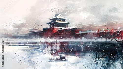 Red and white snowy traditional building illustration poster background photo