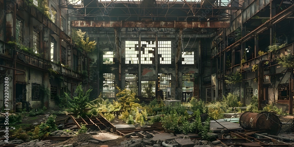 Abandoned Industrial Factory in Overgrown Ruins with Crumbling Walls and Broken Windows Post Apocalyptic Atmosphere