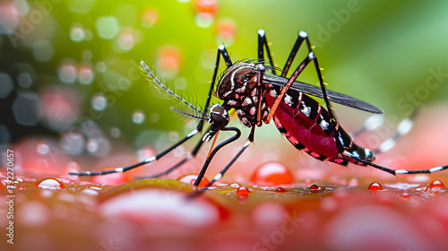 Macro photography captures the Aedes mosquito in exceptional detail, set against an intense orange gradient, representing the urgency of malaria prevention on World Malaria Day. photo
