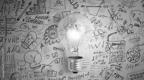 Illuminated Light Bulb Against Backdrop of Business Strategy Sketches