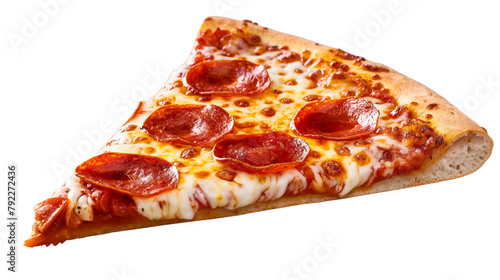  A succulent slice of pepperoni pizza, oozing with melted mozzarella cheese, captured in tantalizing detail against a white transparent background 