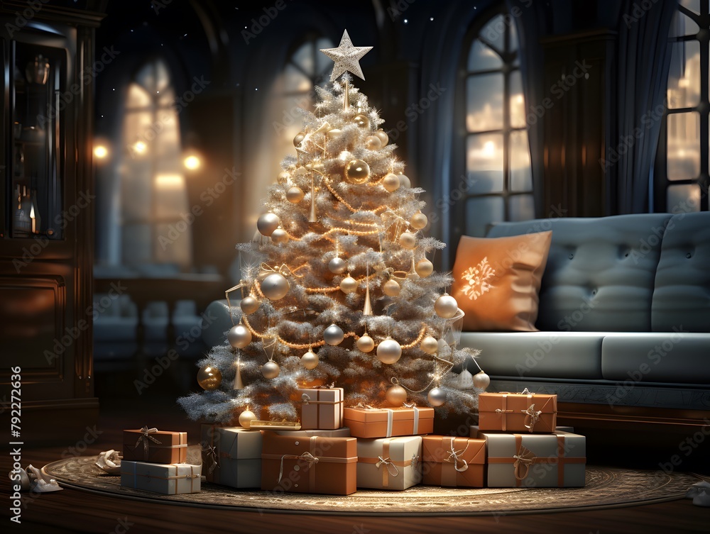 Christmas tree with gifts in the living room. 3d illustration.
