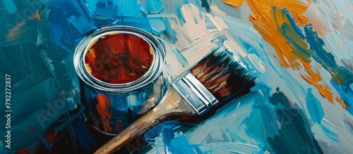 A painting showing a classic paintbrush next to a vibrant red paint can on a calm blue background photo