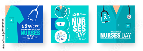 12 May is International Nurses Day social media post banner background template set. nurse dress, medical instrument, medicine, Medical and health care concept.