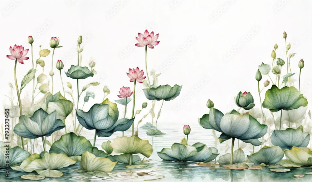 Watercolor floral seamless border with hand painted green leaves, lotus ...