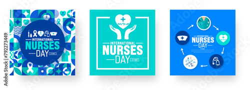 12 May is International Nurses Day social media post banner background template set. nurse dress, medical instrument, medicine, Medical and health care concept. photo