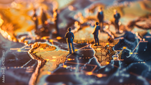 Miniature Figures on Detailed World Map Highlighting Global Interaction photo