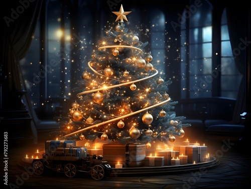 3d render of christmas tree and train with presents at night