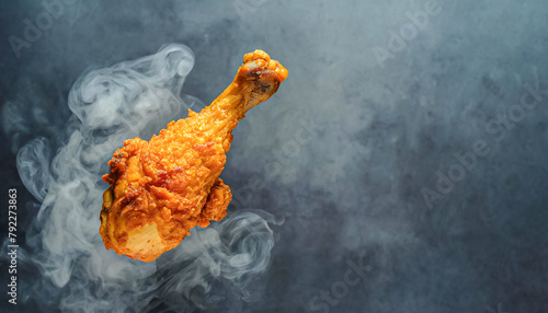 Fried chicken. tasty fried chicken with smoke, copy space, fast food, unhealthy food