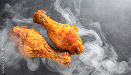 Fried chicken. tasty fried chickens with smoke, copy space, fast food, unhealthy food
