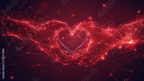 Heart sign symbol of love and two holding, protecting hands from futuristic polygonal red lines AI generated photo