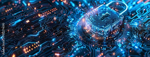 Futuristic digital padlock with holographic security symbols on circuit board background