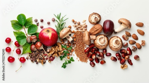 a culinary arrangement of nuts, herbs, mushrooms, berries, chestnuts, grain and an apple, plain white background 