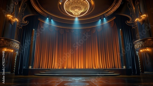 A majestic Art Deco theater stage set for a performance, adorned with lavish curtains and illuminated by spotlights, rendered with impeccable 3D realism photo