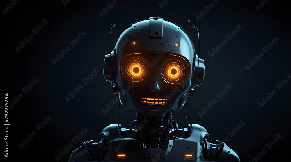 a robot with glowing eyes standing in front of a wall of shiny balls and lights in a dark room.generative.ai