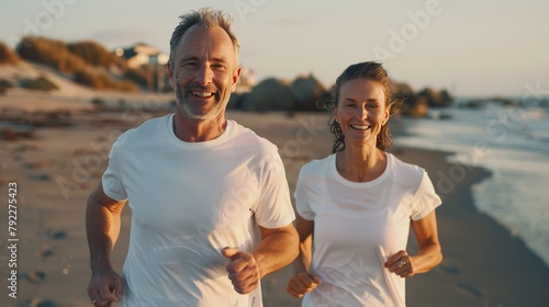 Photo of middle aged man and woman in sportswear running on the beach. Generate AI image