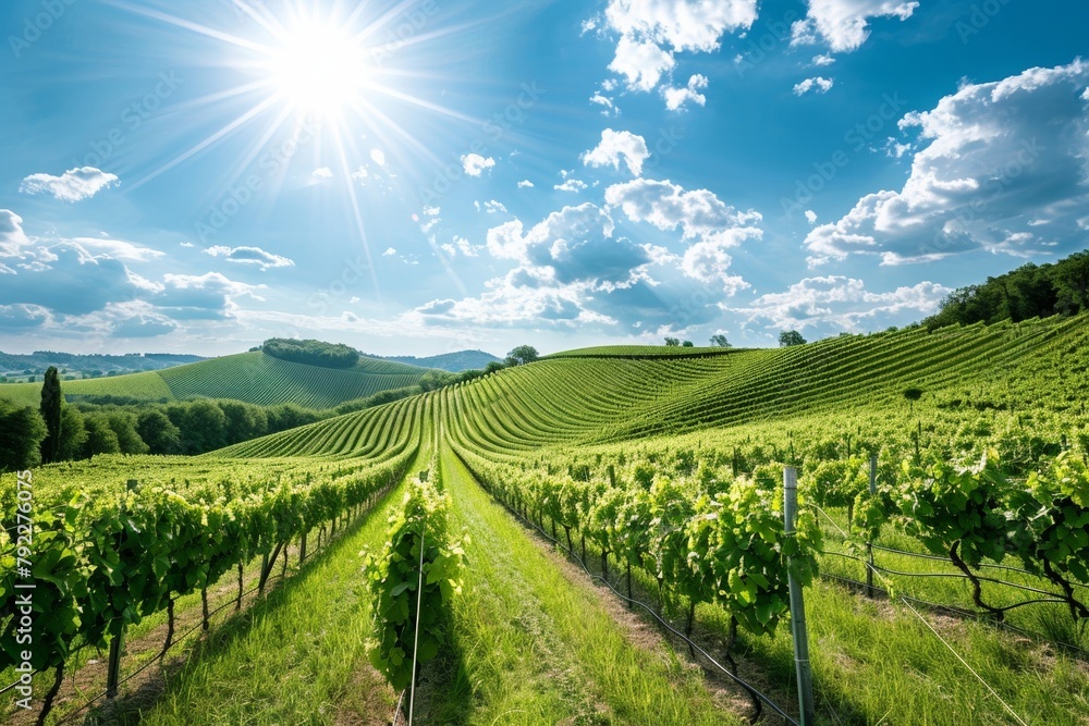 Vineyard with grape vines on a hill under a bright sky