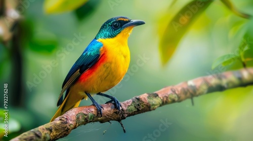 Closeup of a colorful bird perched on a branch reminding us of the critical role of forests in providing habitat for countless species and maintaining ecological balance. . © Justlight