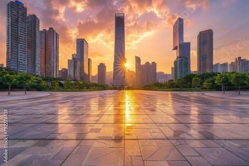 City square and skyline with modern buildings in Shenzhen at sunset, Guangdong Province, China - generative ai