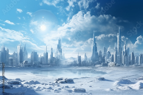 Futuristic city rising in snowy landscape sci-fi illustration photo