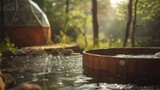 A wooden hot tub outside a geodesic dome offering a natural and soothing soak amidst the peacefulness of nature for a better sleep. 2d flat cartoon.