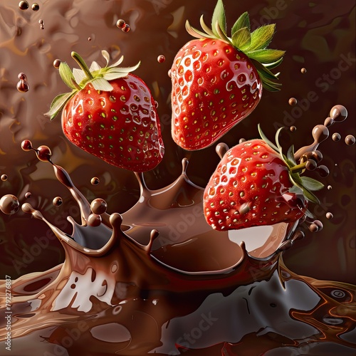 A few light pink strawberries splashed down in the rich chocolate juice,  