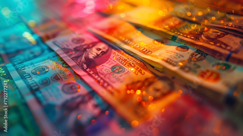 A closeup of various dollar bills, arranged in an artistic display, with colorful lights creating bokeh effects around them