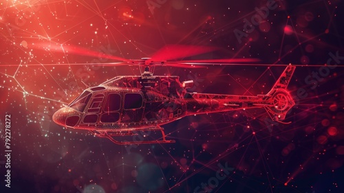 Helicopter flying, from futuristic polygonal red lines and glowing stars for banner, poster, greeting card. AI generated