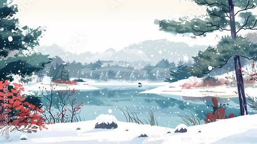 Rural snowy lakeside illustration poster background