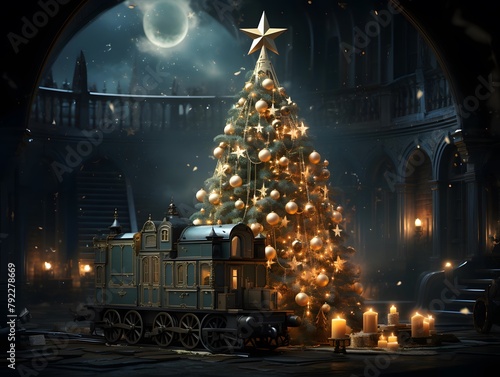 Christmas tree and train in the night city. 3d illustration.