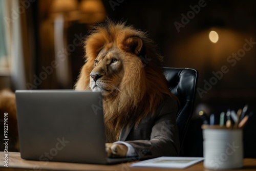 Lion businessman in a stylish classic suit posing sitting at his desk, animal boss in human body, entrepreneur anthropomorphic, business concept © Adriana