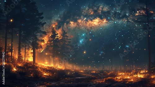 Forest in Fires with Night Sky Full Of Stars © Ariestia