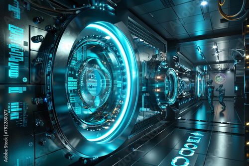 An imaginative 3D scene showing a holographic vault containing the worlds most protected data