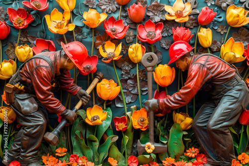 Workers in vests and overalls helmet, construction vest and surrounded bouquet flowers tulips. Happy Labor Day concept May 1st celebration. Builder's Day, Engineer's Day