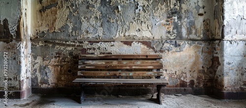 An aged wooden bench is placed in a deteriorated room with peeling paint on the walls and floor photo