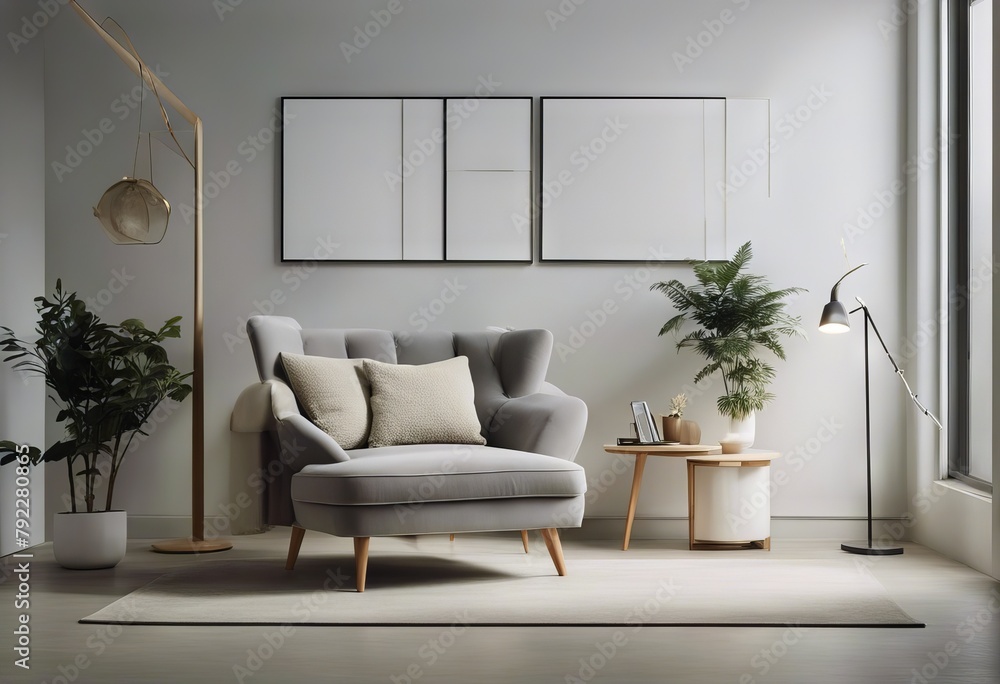 loveseat sofa room modern home wall Japandi interior white armchair design beige frames Grey living poster