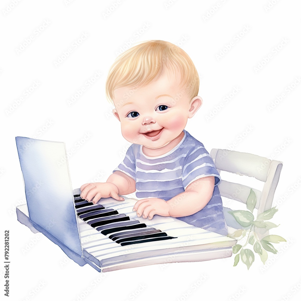 A watercolor illustration of a baby boy sitting at a piano and playing the keys with a big smile on his face. A watercolor illustration of a baby boy sitting at a piano and playing the keys with a big smile on his face.